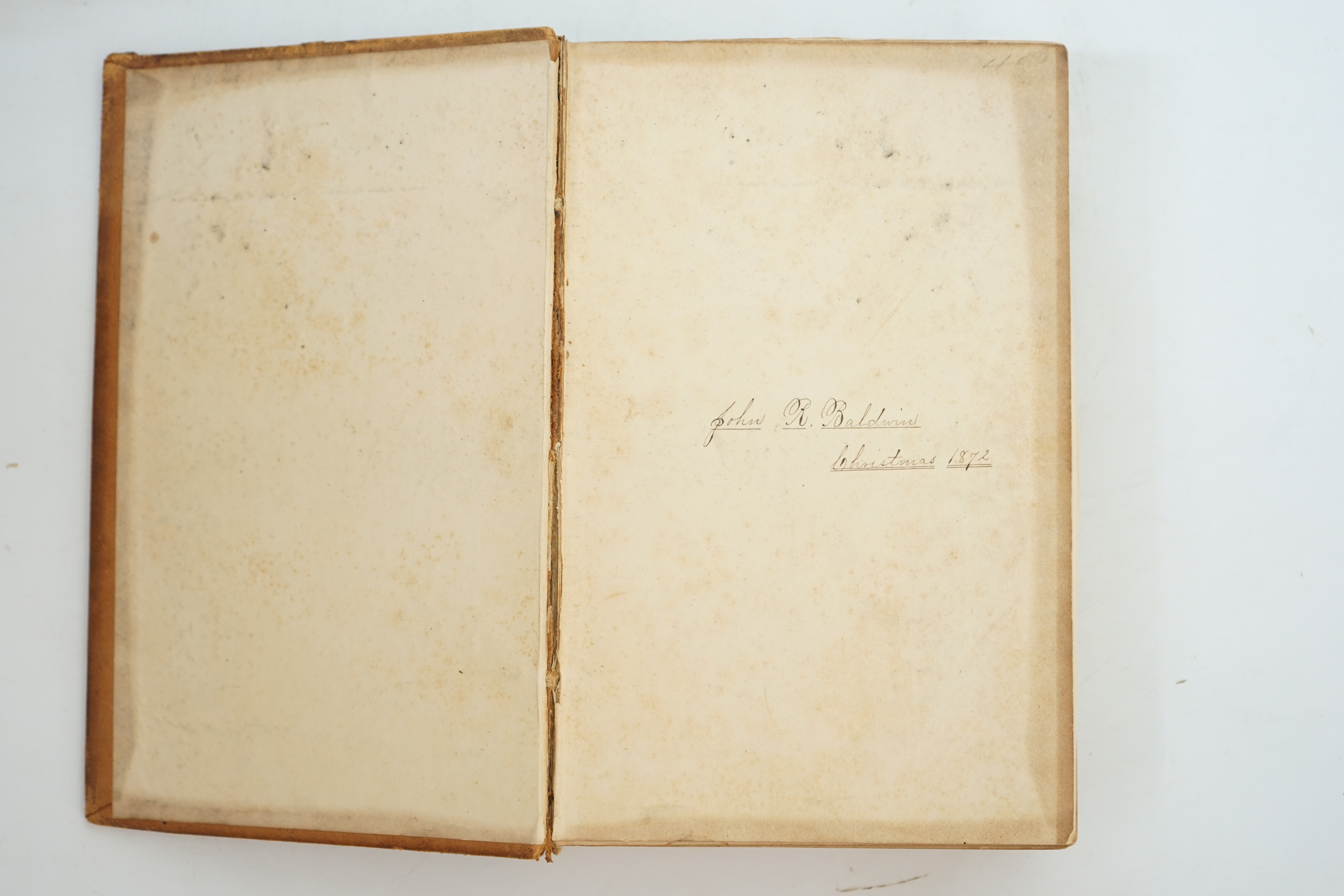 Twain, Mark [Samuel L. Clemens] - Roughing it, 8vo, calf, backstrip torn, boards scuffed, front inner hinge weak, front fly leaf with ink ownership inscription - ‘’John R. Baldwin, Christmas 1872’’, American Publishing C